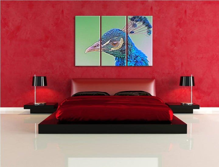 schöner farbenfroher Pfau Spezial 3-Teiler Leinwandbild 120x80 Bild auf Leinwand, XXL riesige Bilder