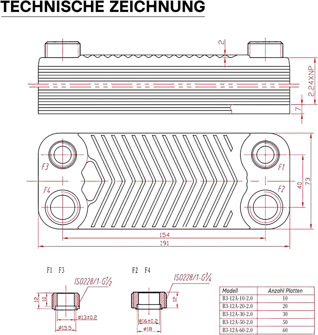 Hrale Edelstahl Wärmetauscher 20 Platten max 44 kW Plattenwärmetauscher Wärmetauscher