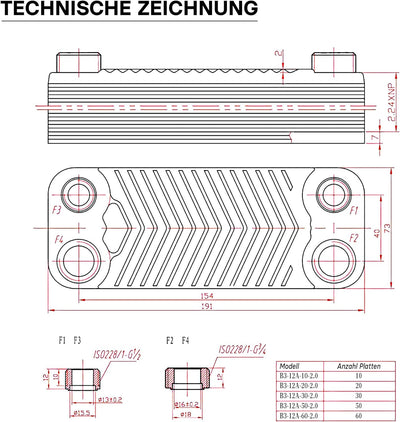 Hrale Edelstahl Wärmetauscher 20 Platten max 44 kW Plattenwärmetauscher Wärmetauscher