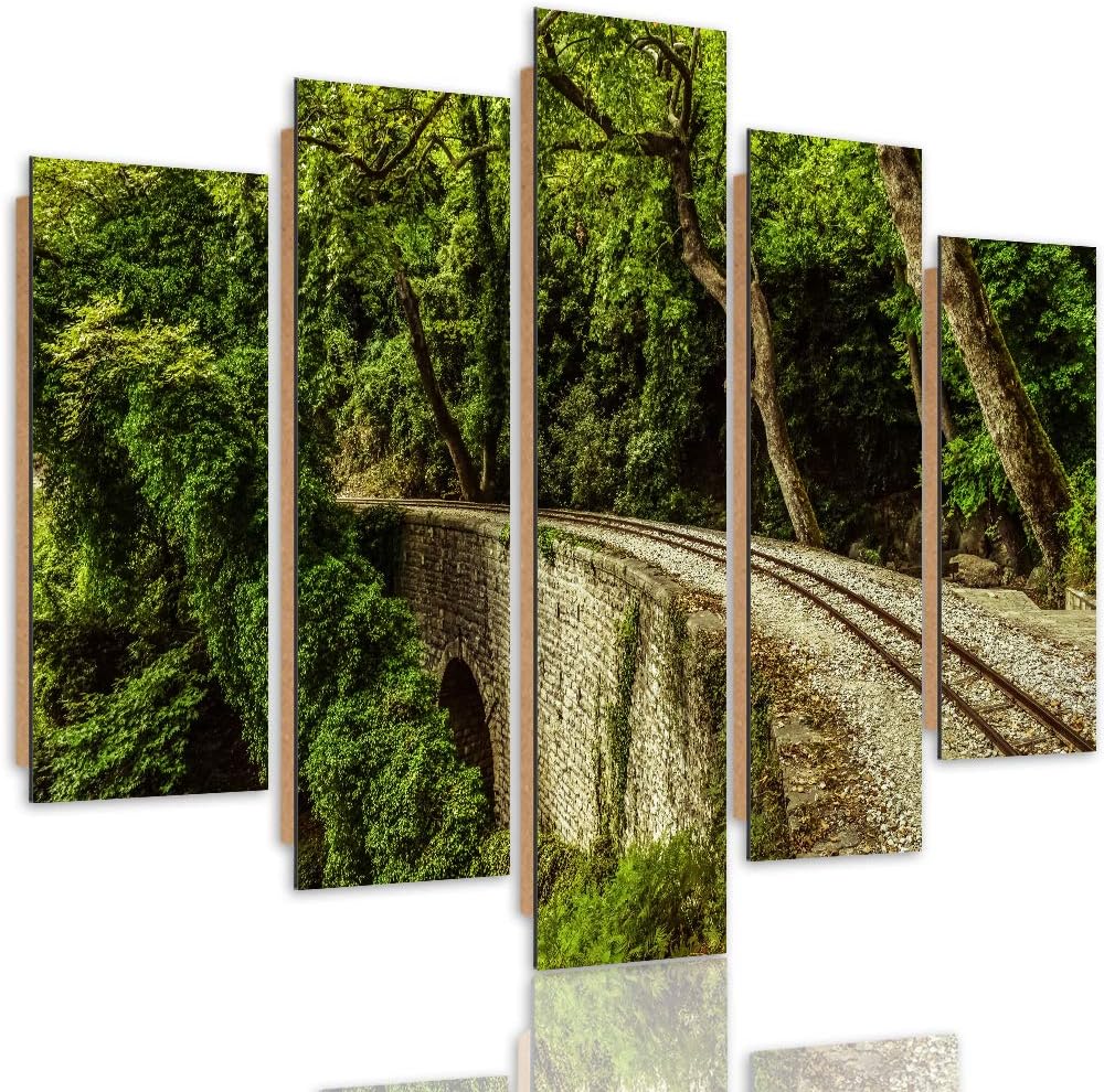 Feeby Bilder Modern Landschaft 5 Teilig Design Art Natur Bäume Gleise grün 100x70 cm Deco panel 100x