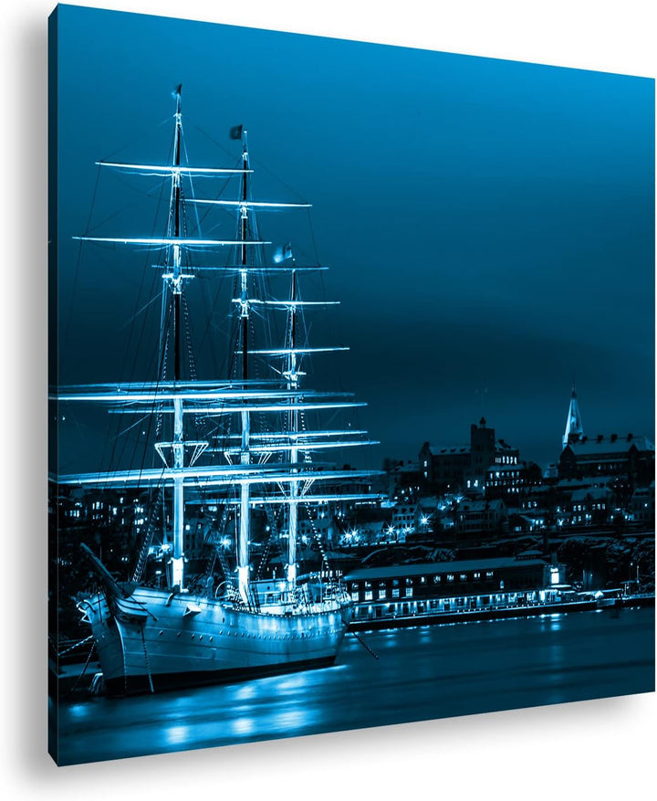 deyoli Segelboote im Hafen von Stockholm Format: 70x70 Effekt: Monocrome Blau als Leinwandbild, Moti