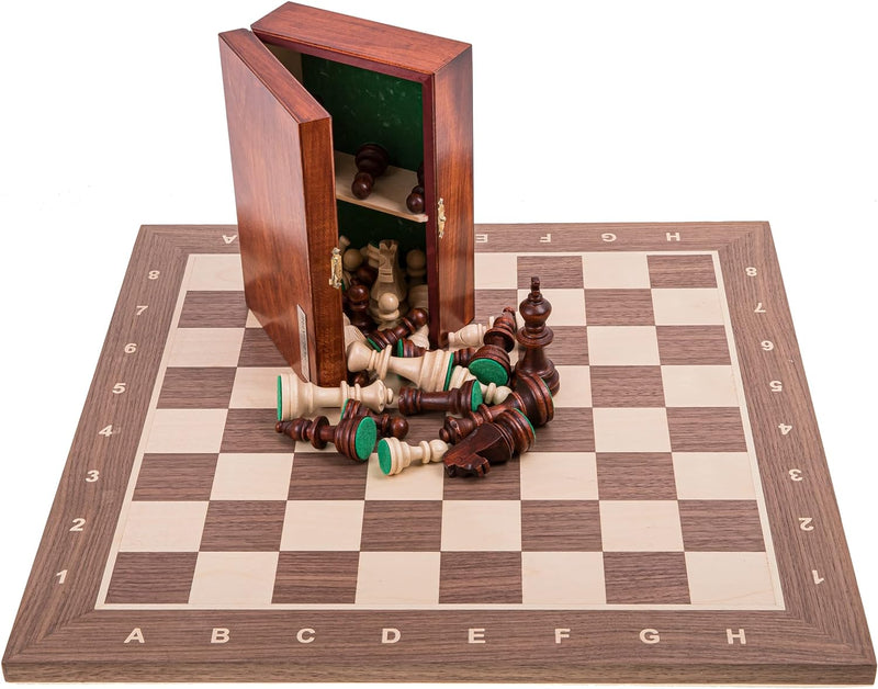Square - Pro Schach Set Nr. 6 - NUSS - Schachbrett + Schachfiguren Staunton 6 + Kasten - Schachspiel