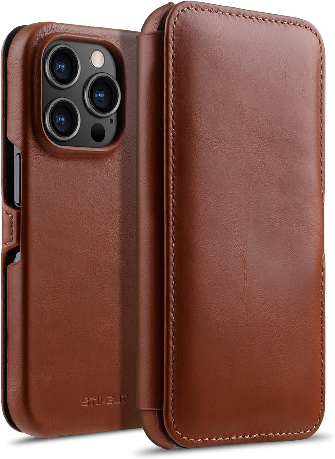STILGUT Book Case kompatibel mit iPhone 14 Pro (6.1“) Hülle aus Leder mit Clip-Verschluss, Klapphüll