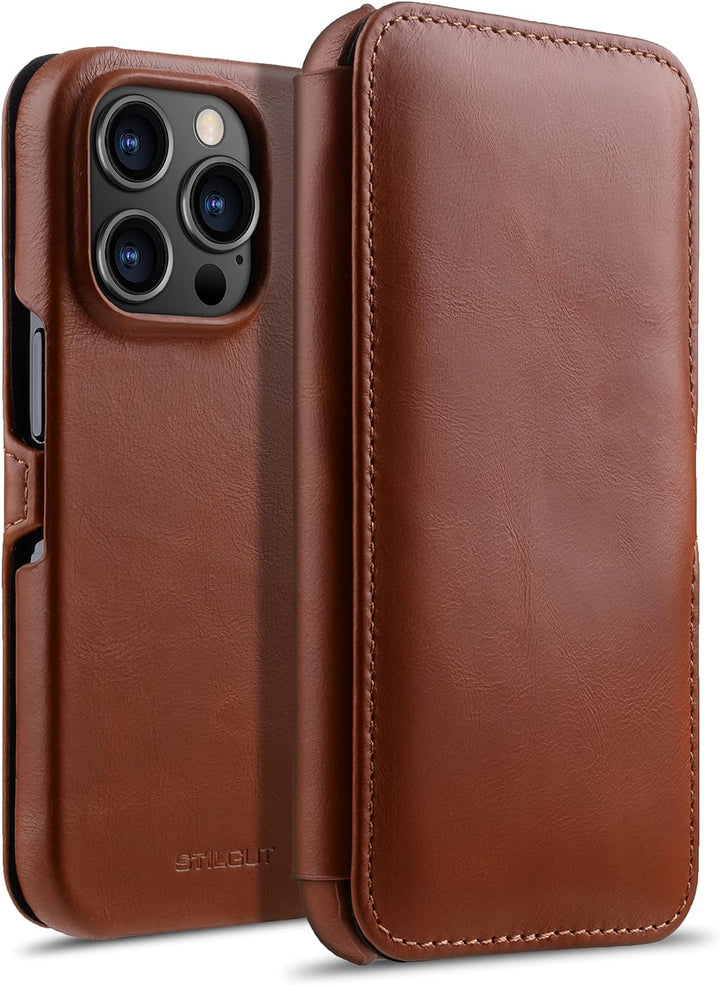 STILGUT Book Case kompatibel mit iPhone 14 Pro (6.1“) Hülle aus Leder mit Clip-Verschluss, Klapphüll