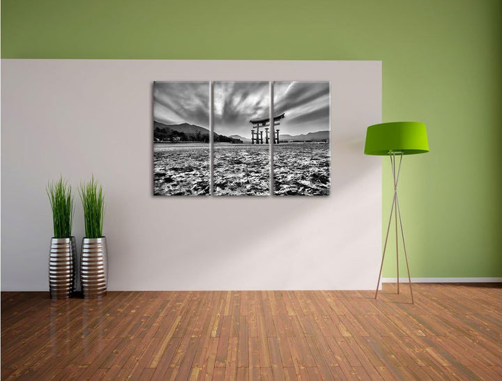 Pixxprint Monocrome, Torii in Hiroshima Japan 3-Teiler Leinwandbild 120x80 Bild auf Leinwand