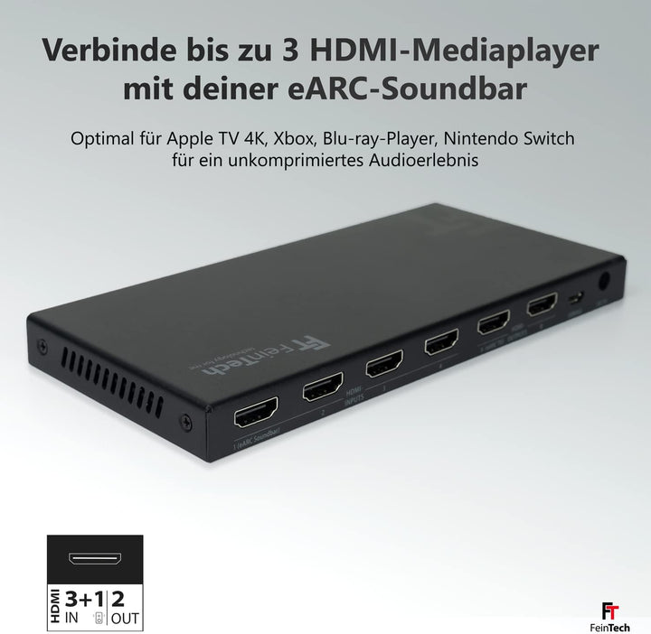 FeinTech VAX04201 HDMI eARC Pass Matrix Switch 4x2 für Soundbar und 2 Displays 4K 60Hz Dolby Vision