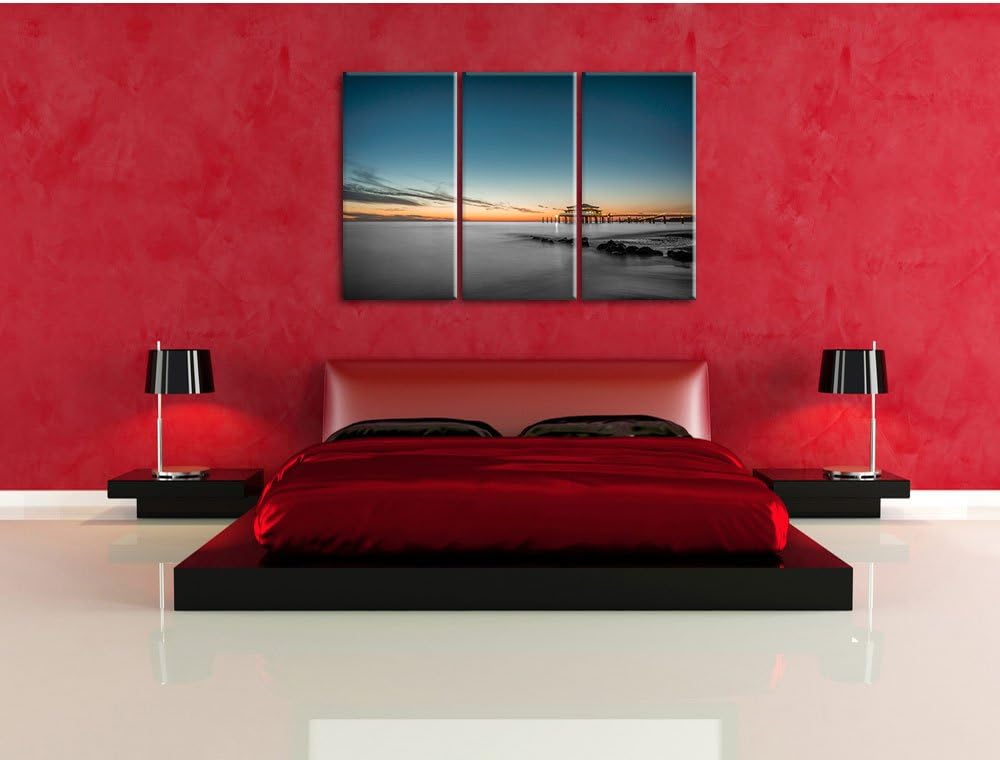 Pixxprint Timmendorfer Strand bei Sonnenuntergang Schwarz/Weiss 3-Teiler Leinwandbild 120x80 Bild au