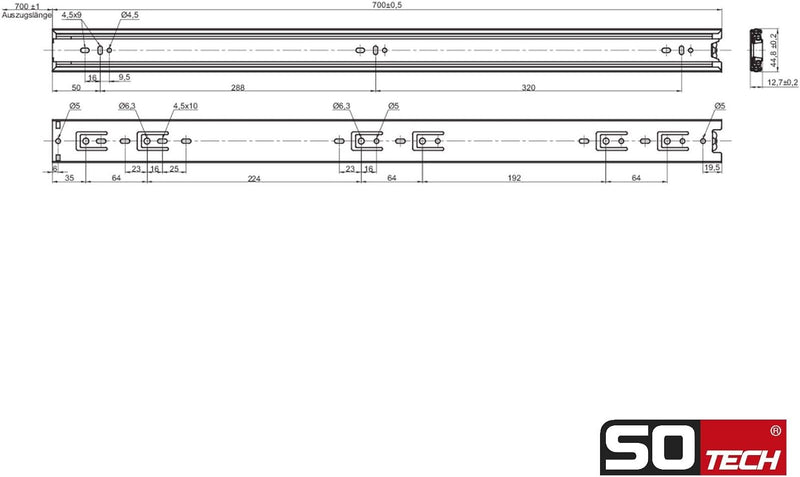 SOTECH 4 Paar (8 Stück) Vollauszüge KV1-45-H45-L700-NF 700 mm (eingeschoben) Kugelführung Tragkraft