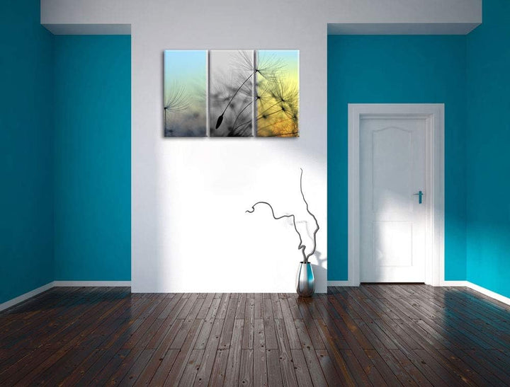 Pusteblumensamen vom Winde verweht schwarz/weiss 3-Teiler Leinwandbild 120x80 Bild auf Leinwand, XXL