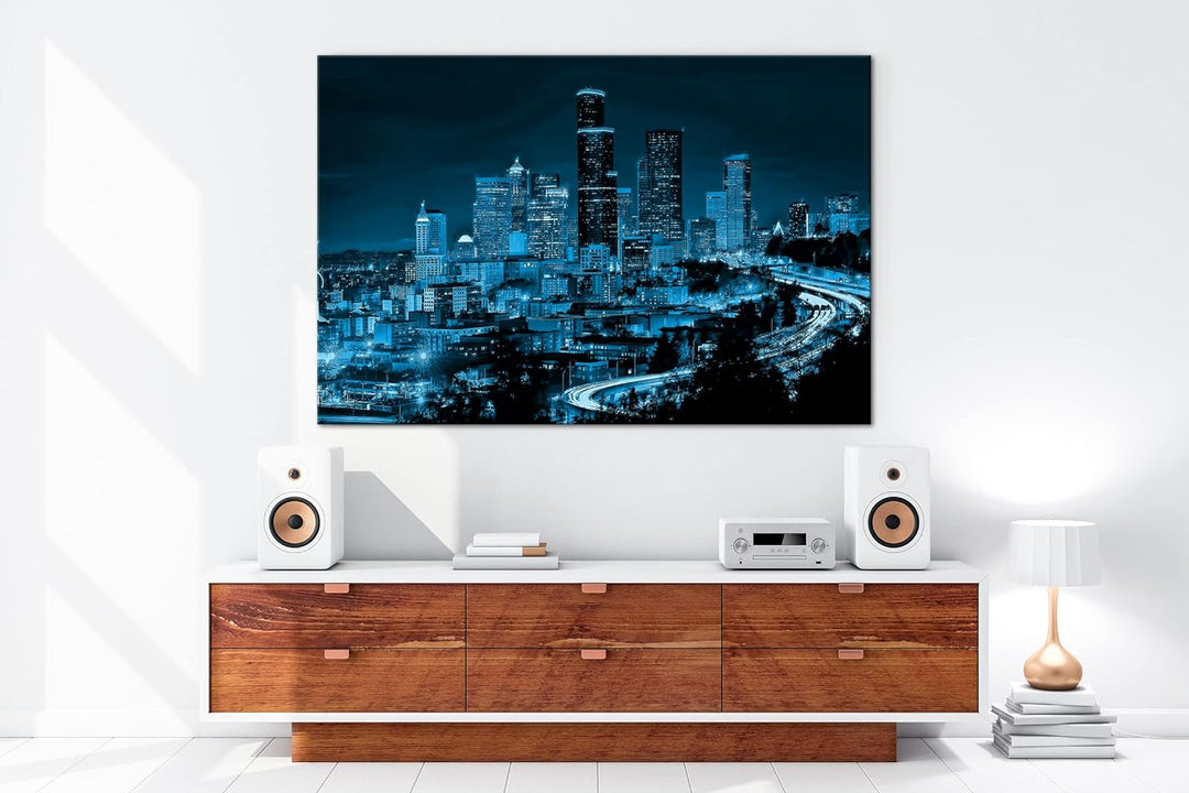 deyoli belebte Skyline von Seattle bei Nacht Format 80x60 Effekt: Monocrome Blau als Leinwandbild, M