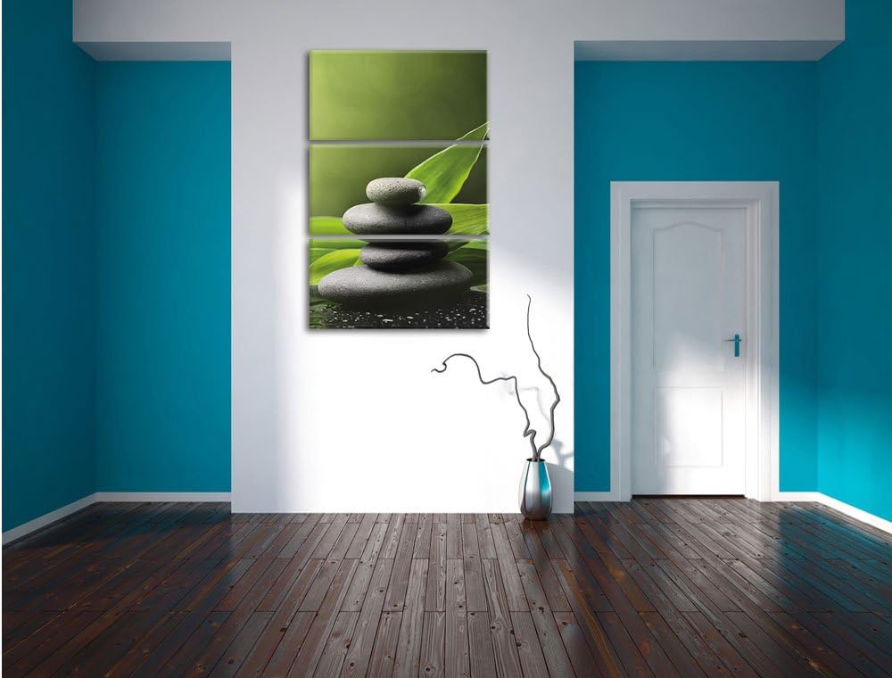 Pixxprint Zen Steine mit Blättern / 3-Teilig/Gesamtmass 120cm Leinwandbild bespannt auf Holzrahmen/W
