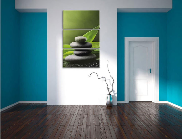 Pixxprint Zen Steine mit Blättern / 3-Teilig/Gesamtmass 120cm Leinwandbild bespannt auf Holzrahmen/W