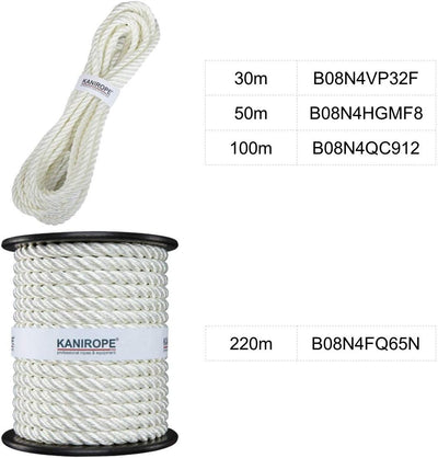 Kanirope® Polyester Tauwerk Polyesterseil POLYTWIST ø4mm 100m Weiss 3-litzig gedreht, 100m Weiss