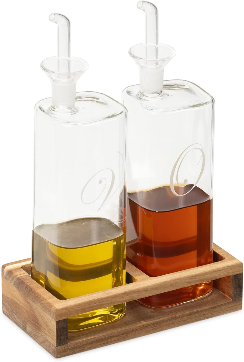 Navaris 2er Set Öl- und Essigspender aus Glas mit Holzständer - Ölflasche für Olivenöl Balsamico - 2