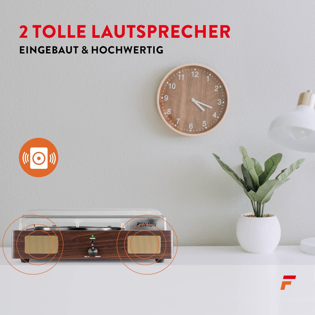 Fenton RP106DW Plattenspieler mit Lautsprecher und USB Anschluss zum Digitalisieren, Line Out, Rieme