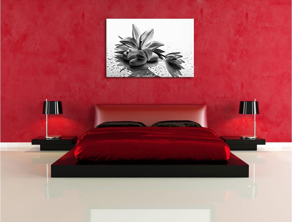 Pixxprint Düstere Lilie mit Zen Steinen als Leinwandbild | Grösse: 100x70 | Wandbild| Kunstdruck | f