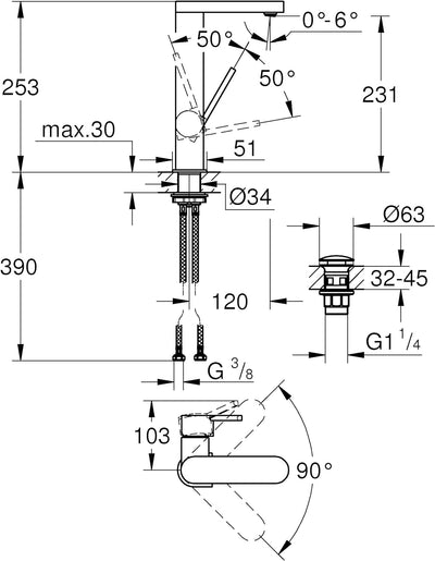 GROHE Plus | Badarmatur- Einhand-Waschtischbatterie | Glatter Körper | chrom | 23958003 L Glatter Kö