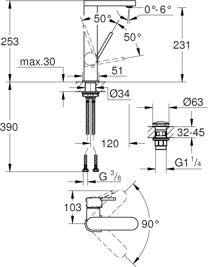 GROHE Plus | Badarmatur- Einhand-Waschtischbatterie | Glatter Körper | chrom | 23958003 L Glatter Kö