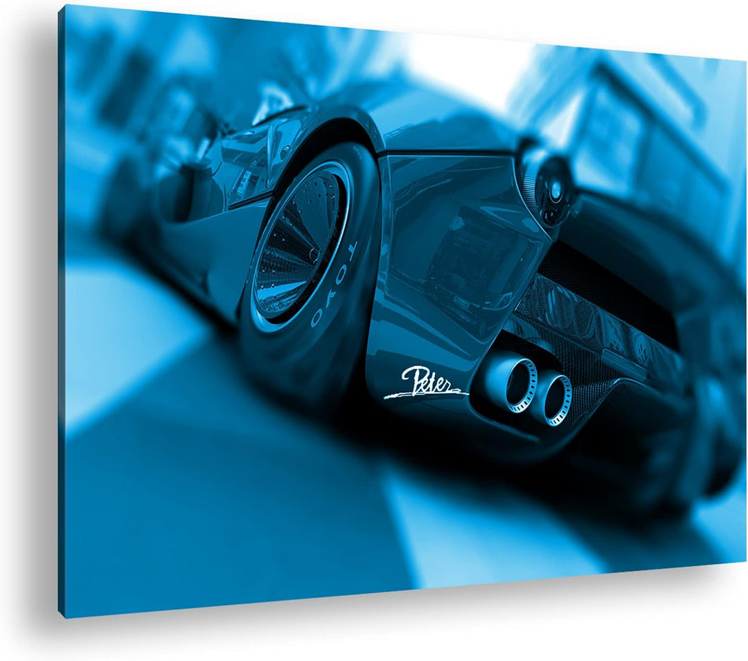 deyoli eleganter roter Sportwagen Format 80x60 Effekt: Monocrome Blau als Leinwandbild, Motiv fertig