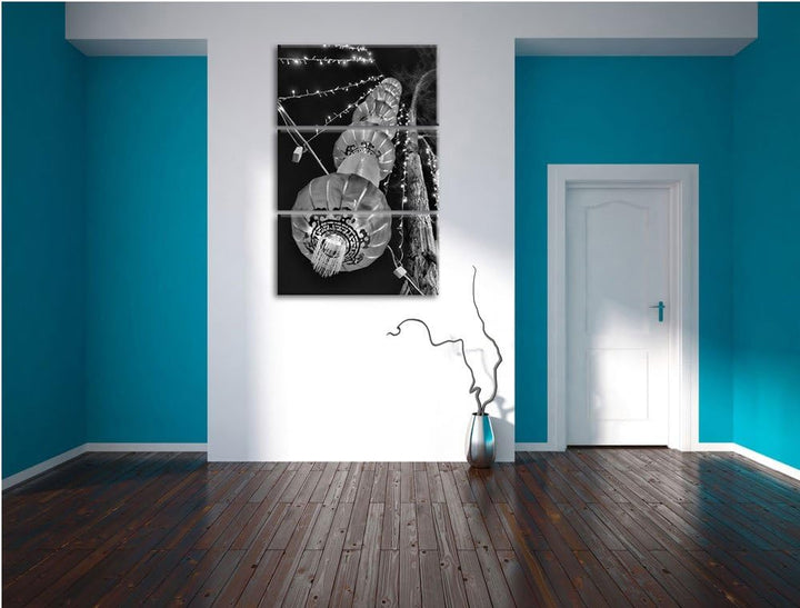Pixxprint Monocrome, traditionelle chinesische Lampions 3-Teiler Leinwandbild 120x80 Bild auf Leinwa