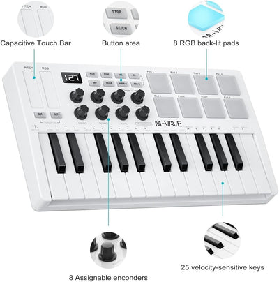 M-VAVE SMK-25 – 25-Tasten-USB-MIDI-Keyboard-Controller mit 8 hintergrundbeleuchteten Drum-Pads, Blue