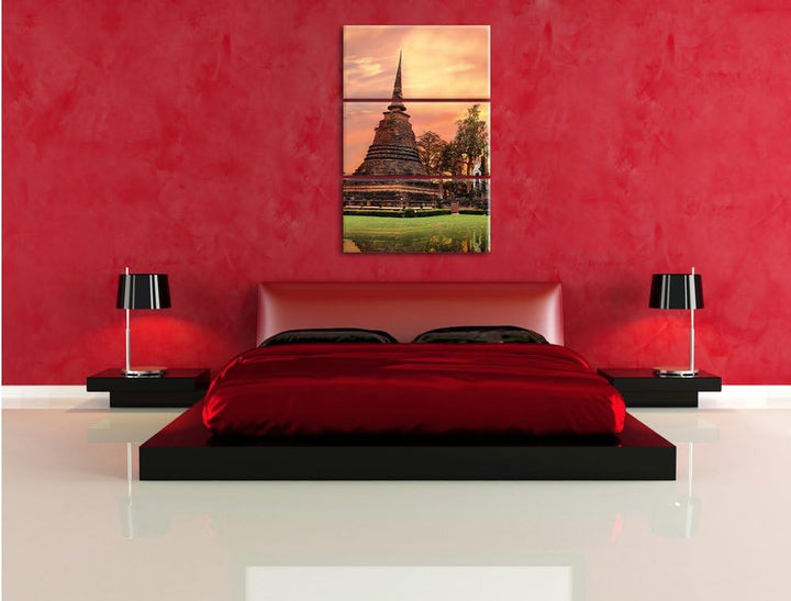 Pixxprint Buddha Tempel im Sonnenuntergang 3-Teiler Leinwandbild 120x80 Bild auf Leinwand