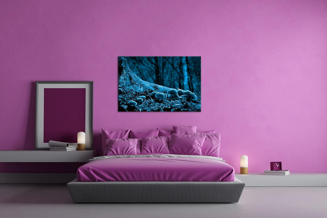 deyoli Pilze am Baumstamm Format 100x70 Effekt: Monocrome Blau als Leinwandbild, Motiv fertig gerahm