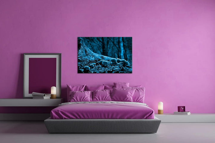 deyoli Pilze am Baumstamm Format 100x70 Effekt: Monocrome Blau als Leinwandbild, Motiv fertig gerahm