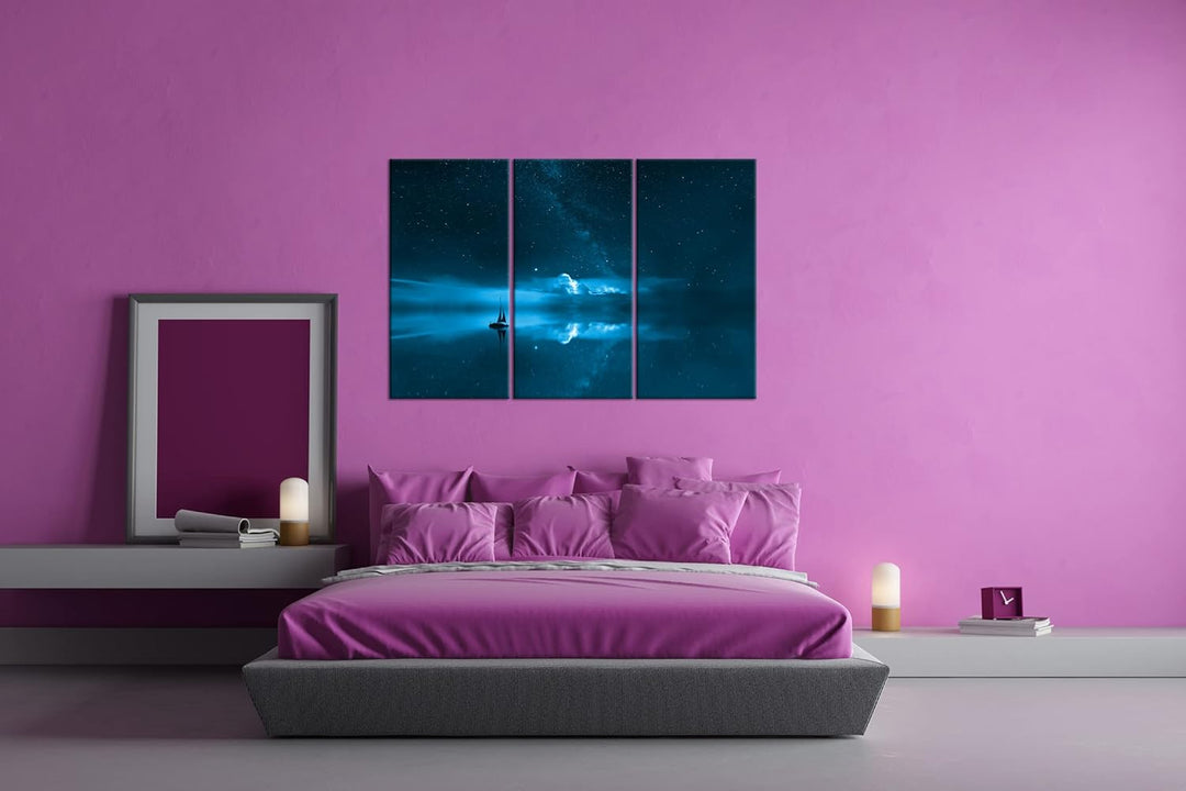 deyoli Sternenhimmel auf See Format: 120x80 3Teilig Effekt: Monocrome Blau als Leinwand, Motiv ferti