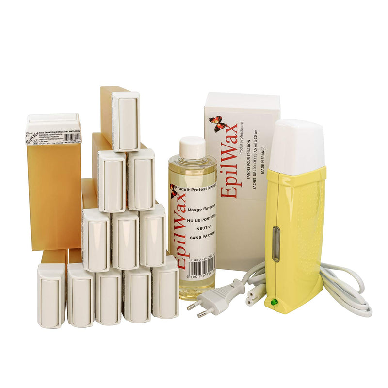 EpilWax Royal Complete Epilation Kit mit: Professionellem Wachswärmer,12 Roll-On Wachs 100 ml Honig