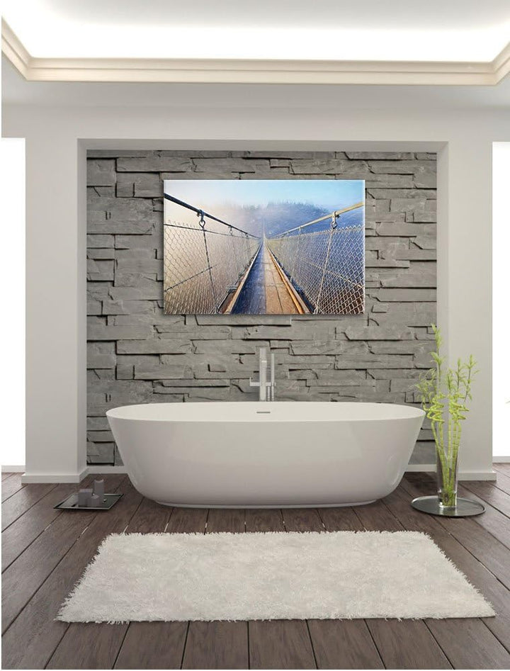 Pixxprint Hängeseilbrücke im Nebelschimmer als Leinwandbild/Grösse: 100x70 cm/Wandbild/Kunstdruck/fe