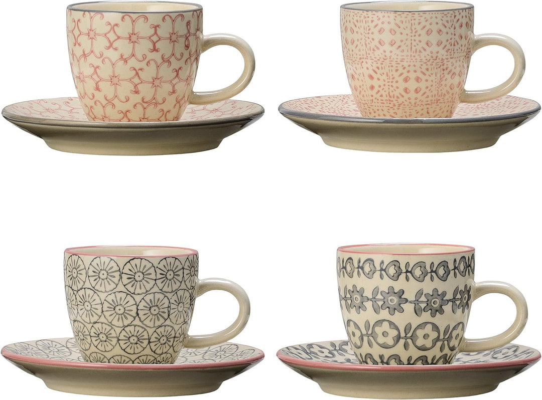 Bloomingville Espressotasse mit Untertasse Cecile, rosa grau, Keramik, 4er Set