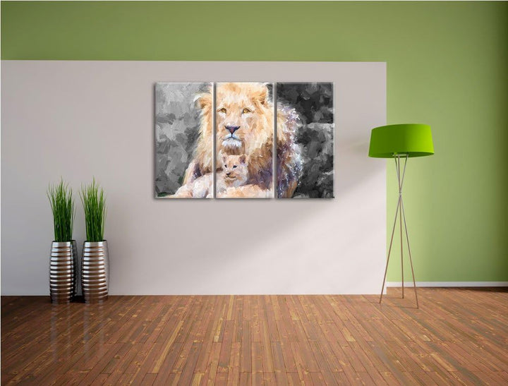 prächtiger Löwe kuschelt mit Jungtier schwarz/weiss Deluxe 3-Teiler Leinwandbild 120x80 Bild auf Lei