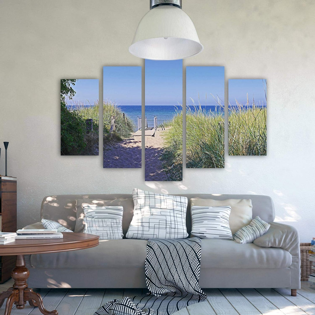 Feeby Leinwandbild 5 Teilig Landschaft Bild Wanddeko Strand Gras Pfad blau 150x100 cm Leinwandbild 1
