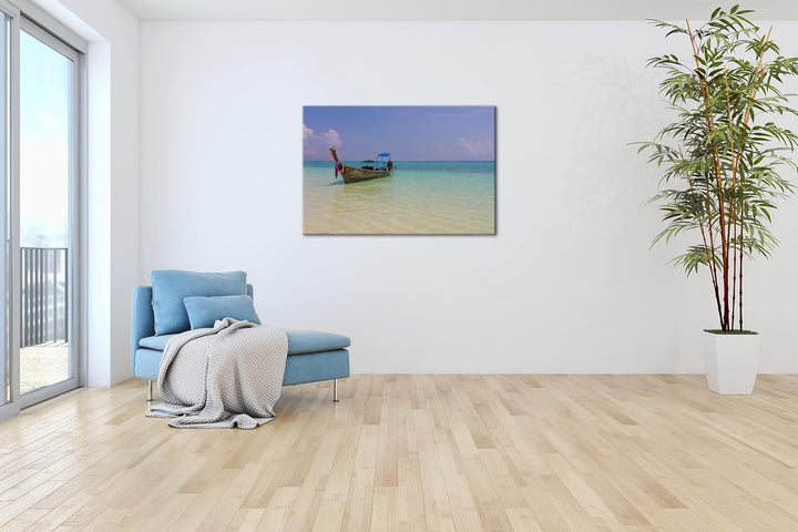 deyoli Boot am Meer im Format: 80x60 als Leinwandbild, Motiv fertig gerahmt auf Echtholzrahmen, Hoch