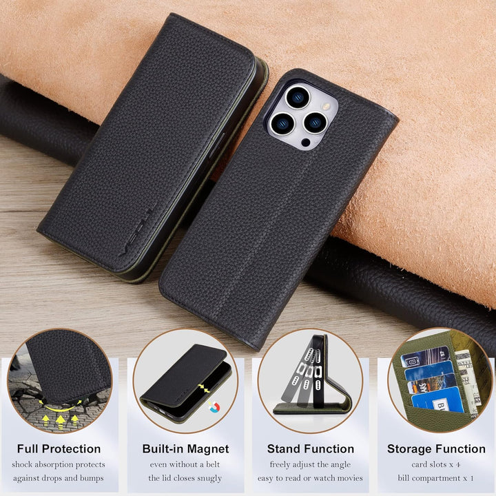 VISOUL iPhone 13 Pro Max Hülle, Stossfeste Handyhülle [100% Rindsleder] [RFID Schützt] [Kartenfächer