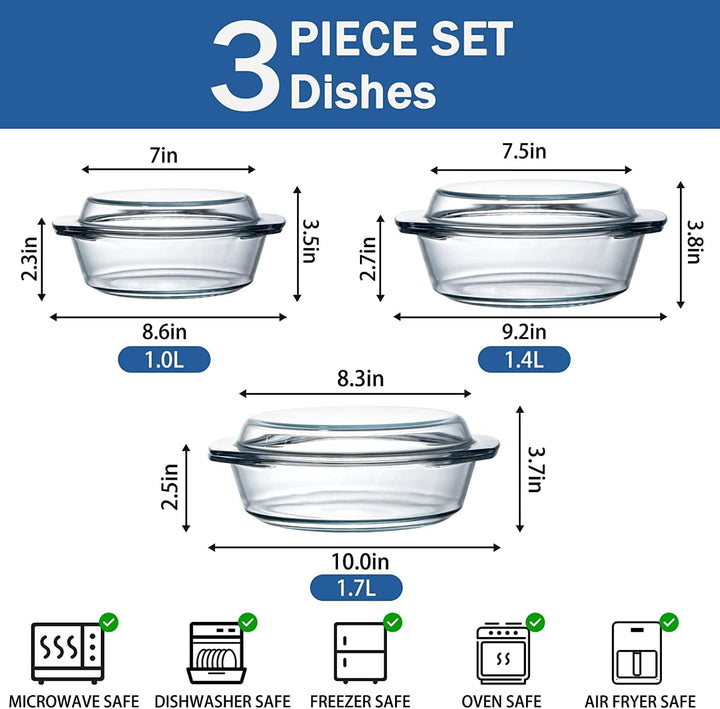 Set mit 3 Glas-Auflaufformen mit Deckel, 1+1.4+1.7L, Runder Kasserolle mit Deckel und Griffen, Ofenf