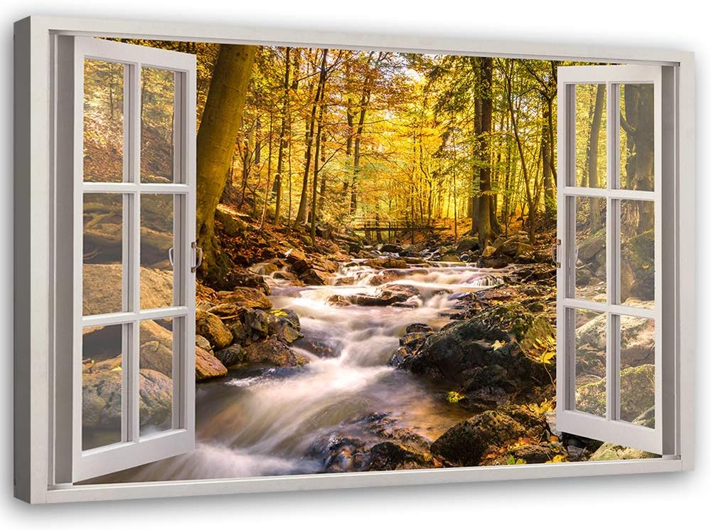 Feeby Viles - Leinwand Bilder - Fensterblick Natur- 120x80 cm- Deko Wohnzimmer - Wandbilder Schlafzi