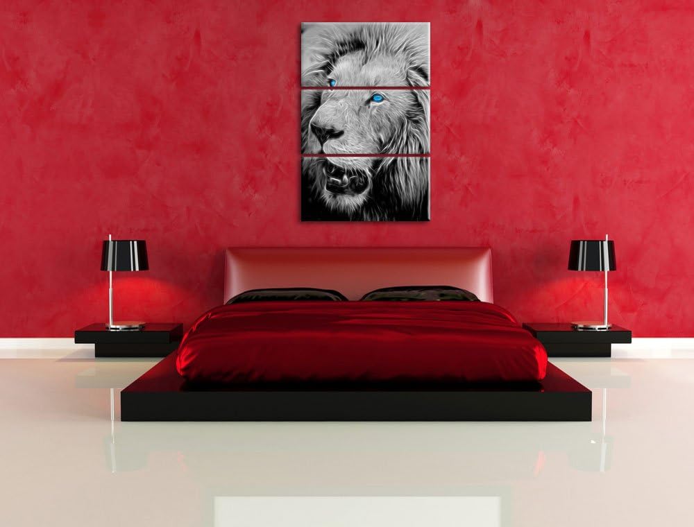 prächtiger weisser Löwe schwarz/weiss Deluxe 3-Teiler Leinwandbild 120x80 Bild auf Leinwand, XXL rie