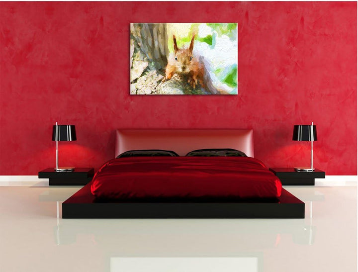 Pixxprint interessantes Eichhörnchen auf dem Baum Kunst Pinsel Effekt, Format: 100x70 auf Leinwand,