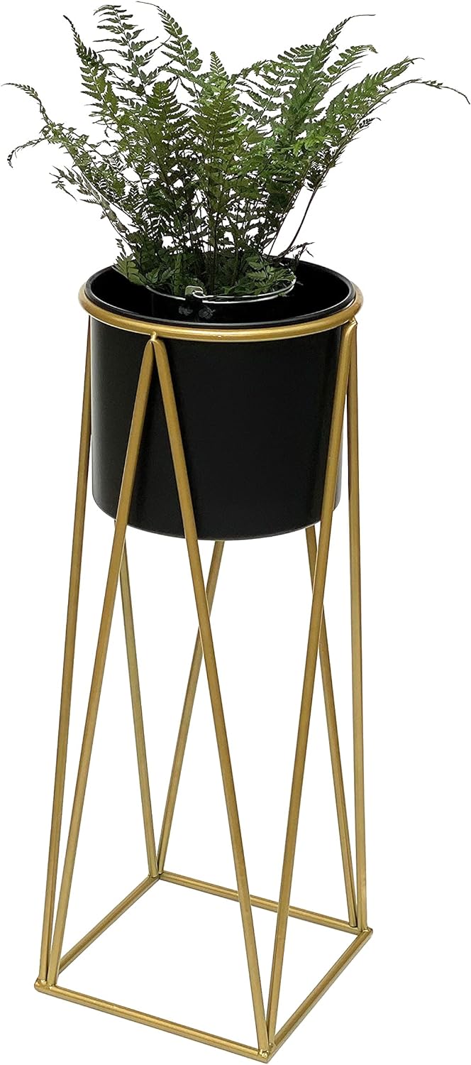 DanDiBo Blumenhocker mit Topf Metall Gold Schwarz L 70 cm Blumenständer 96046 Blumensäule Modern Pfl