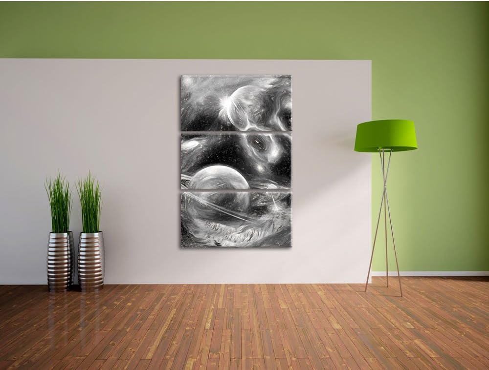 Pixxprint Raum Landschaft Kunst Kohle Effekt 3-Teiler Leinwandbild 120x80 Bild auf Leinwand