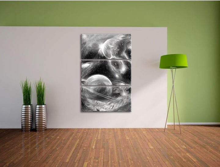 Pixxprint Raum Landschaft Kunst Kohle Effekt 3-Teiler Leinwandbild 120x80 Bild auf Leinwand