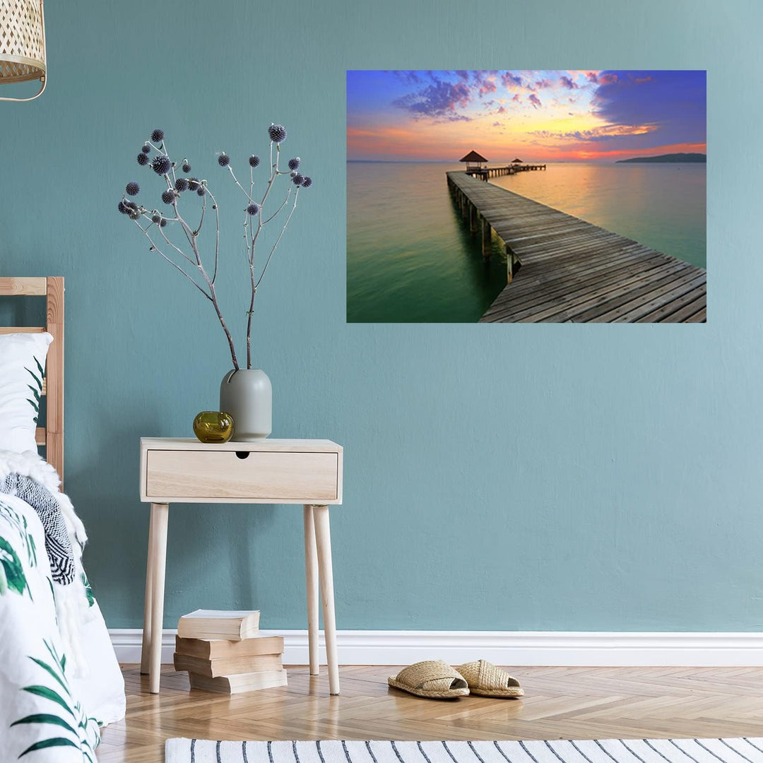 Feeby Vlies Leinwandbild Meer Sonnenuntergang Holzsteg Strand 90x60 cm Druckbild Wandbild Wanddekora