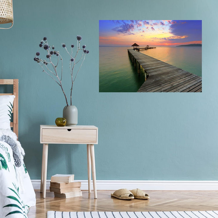 Feeby Vlies Leinwandbild Meer Sonnenuntergang Holzsteg Strand 90x60 cm Druckbild Wandbild Wanddekora