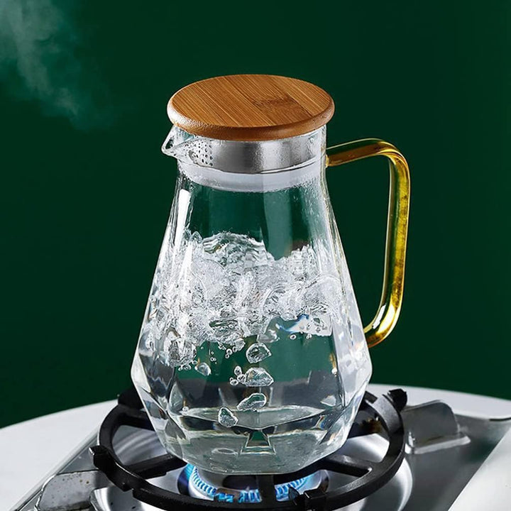 HEMOTON 2. 2L Glaskanne mit Holz Deckel Borosilikatglas Krug Eistee Kanne Glas Saftkrug Glaskrug Was