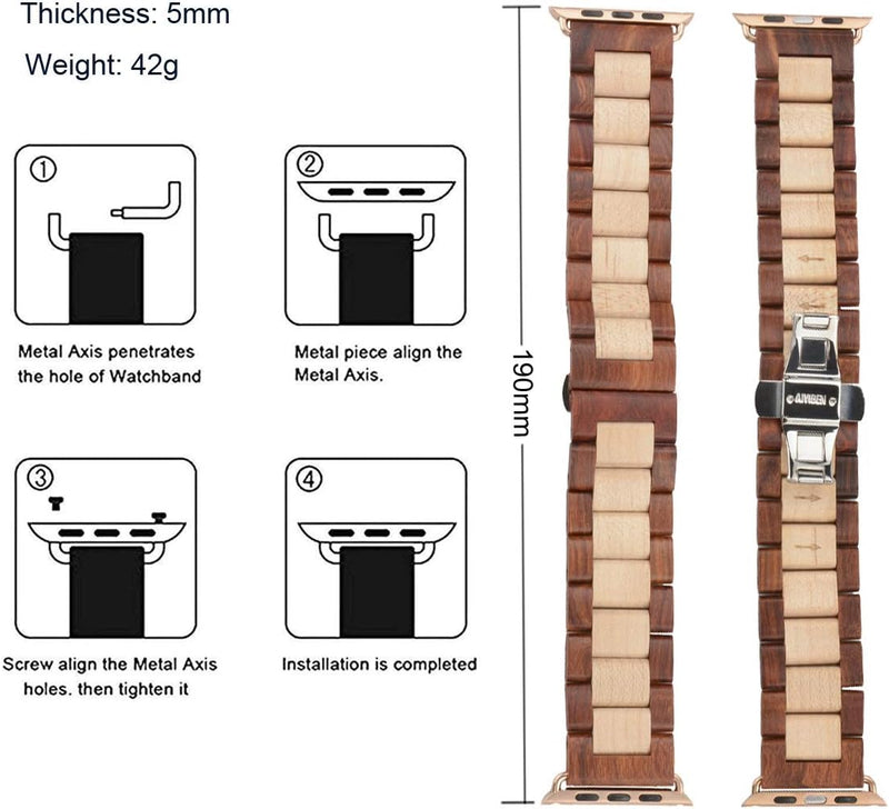 AIYIBEN Uhrenarmband aus Holz 42mm/44mm/45mm/49mm mit Schmetterlingsschnalle aus Edelstahl, kompatib