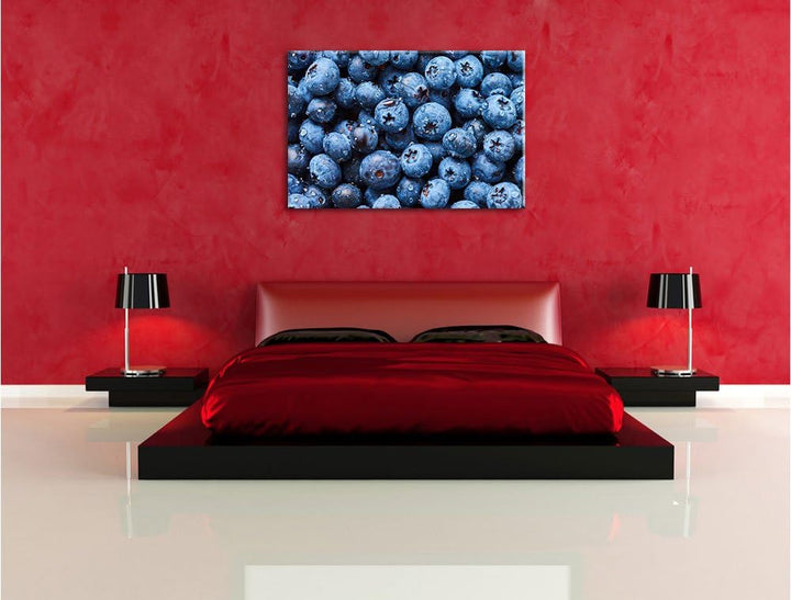 Pixxprint Blaubeeren mit Wassertropfen / 100x70cm Leinwandbild bespannt auf Holzrahmen/Wandbild Kuns