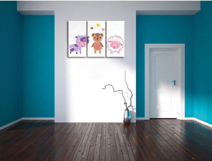 Pixxprint Kuh Teddy und Schaf als Leinwandbild/Grösse: 3 Teilig (120x80) cm/Wandbild/Kunstdruck/fert