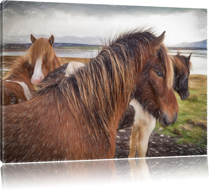 Pixxprint Herde aus schönen Wildpferden als Leinwandbild/Grösse: 100x70 cm/Wandbild/Kunstdruck/ferti